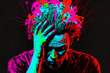 Sad man, sketch effect with neon colors . Headache, depression, negative emotions concept. Problems with mental health. Sadness. Black background. Generative AI.