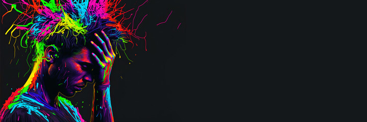 Sad man, sketch effect with neon colors . Headache, depression, negative emotions concept. Problems with mental health. Sadness. Banner with copy space, black background. Generative AI.