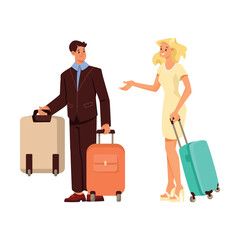 Smiling Man Bellman or Porter Carrying Luggage Helping Woman Customer Vector Illustration