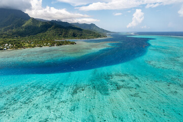 Aerial view of a Moorea lagoon in French Polynesia