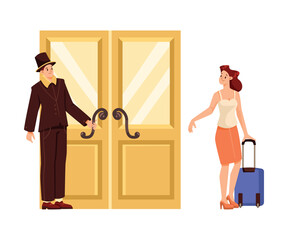 Man Doorman Standing in Front of Hotel Entrance Doors Meeting Woman Client with Suitcase Vector Illustration