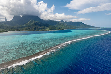 Aerial view of a Moorea lagoon in French Polynesia