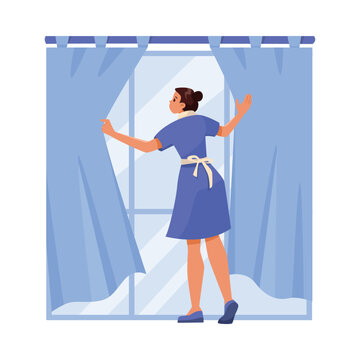 Woman Hotel Maid At Window Pulling Curtains Open Vector Illustration