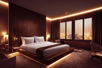 Luxury modern style bedroom, Interior of a hotel bedroom. Generative AI illustration