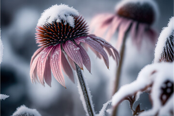 Echinacea flower in a snow covered street - obrazy, fototapety, plakaty