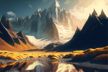  a painting of a mountain range with a lake in the foreground and a mountain range in the background, with yellow grass and rocks in the foreground.  generative ai