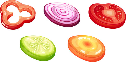 Set of slices of vegetables for salad. Sliced peppers, red onion, tomato, cucumber and carrot