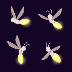 Firefly set. Vector illustration of cartoon beetle. Funny bugs