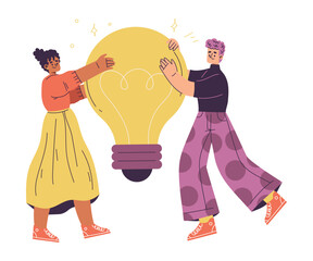 Idea with Man and Woman Holding Huge Yellow Light Bulb Finding Solution Vector Illustration