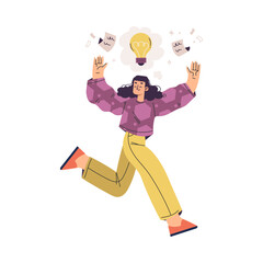 Fototapeta premium Idea with Woman with Yellow Light Bulb Jumping with Joy Vector Illustration