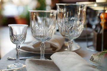 empty wine glasses on the table.table setting for a festive dinner. 