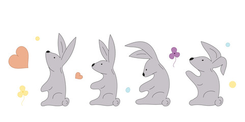 Set gray bunnies. Different poses hare. Rabbit Vector character illustration. Heart flowers, circles