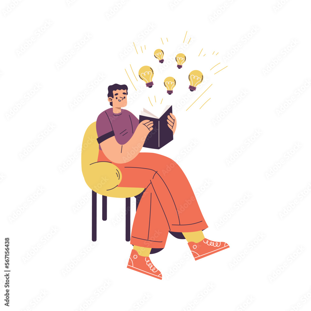 Aufkleber idea with man on chair with open book and yellow light bulb finding solution vector illustration