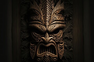Wood Carved Tiki Mask - obrazy, fototapety, plakaty