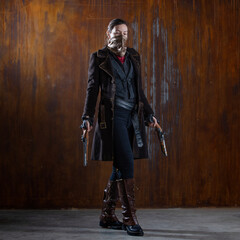Fantasy steampunk action heroine in a coat with revolvers in her hands. A woman in a retro fantasy...