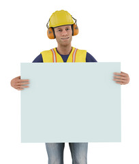 construction site worker holding white board showing advertisement hard hat yellow bib 3D illustration
