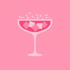 Champagne dessert glass. Frozen drink with flower and ice cubes. Rose wine for wedding and celebration. Flat vector illustration with texture. Simple retro alcohol drink poster