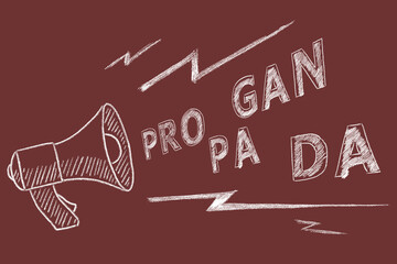 Propaganda and fake news concept. Illustration on red background. A megaphone with the word propaganda. Misinformation and counterinformation concept.