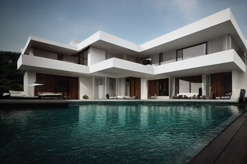 Fototapeta na wymiar Luxury pool villa spectacular contemporary design digital art real estate , home, house and property, Generative AI illustration.