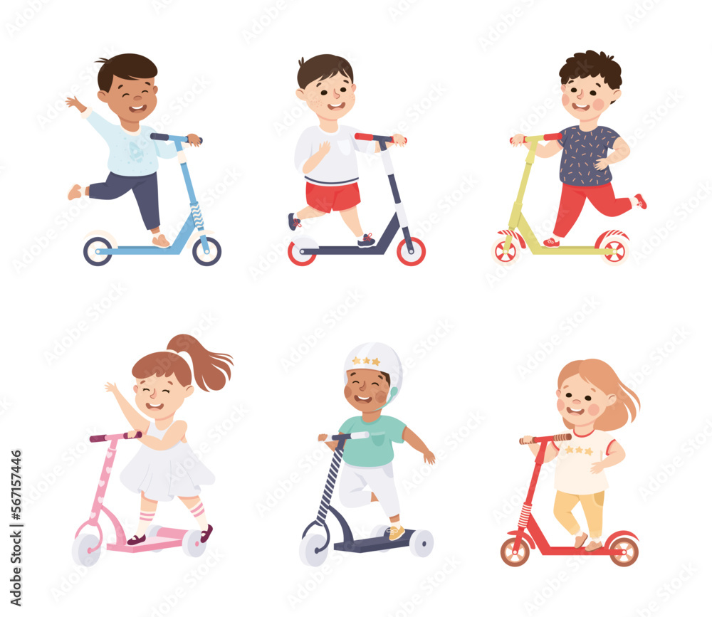 Sticker Smiling Children Riding on Kick Scooter Pushing Off the Ground Vector Set