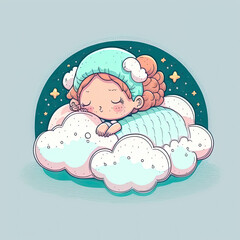 Baby sleeping and dreaming on fluffy cloud on blue background. Color illustration. Generative AI