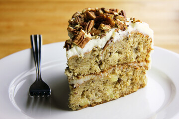 A fresh slice of hummingbird cake.