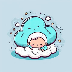 Baby sleeping and dreaming on fluffy cloud on blue background. Color illustration. Generative AI