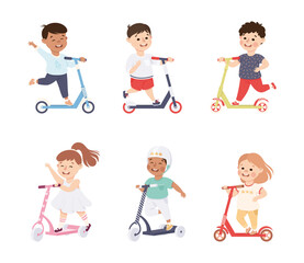 Smiling Children Riding on Kick Scooter Pushing Off the Ground Vector Set