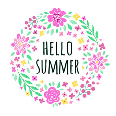 Hello summer phrase on the square card. Floral colourful ornamental banner with flowers, leaves, branches pattern. Brochure design shades of pink, yellow and green. EPS 10 vector illustration.