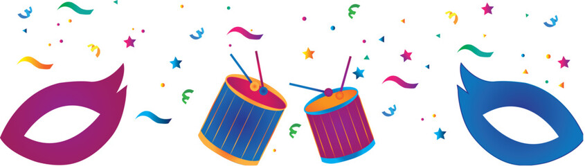 Tambores, confeti y antifaz carnaval. Icono vector