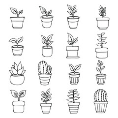 Potted Plant Doodle vector icon set. Drawing sketch illustration hand drawn line eps10
