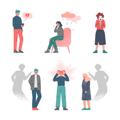 Boy and Girl Teenagers Suffering from Psychological Problems and Mental Disorder Vector Set