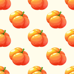 Seamless pattern with cartoon juicy pumpkin on light white background. Vegetable Collection