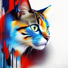 a cat with a colorful face in a street wall art style, ai generated