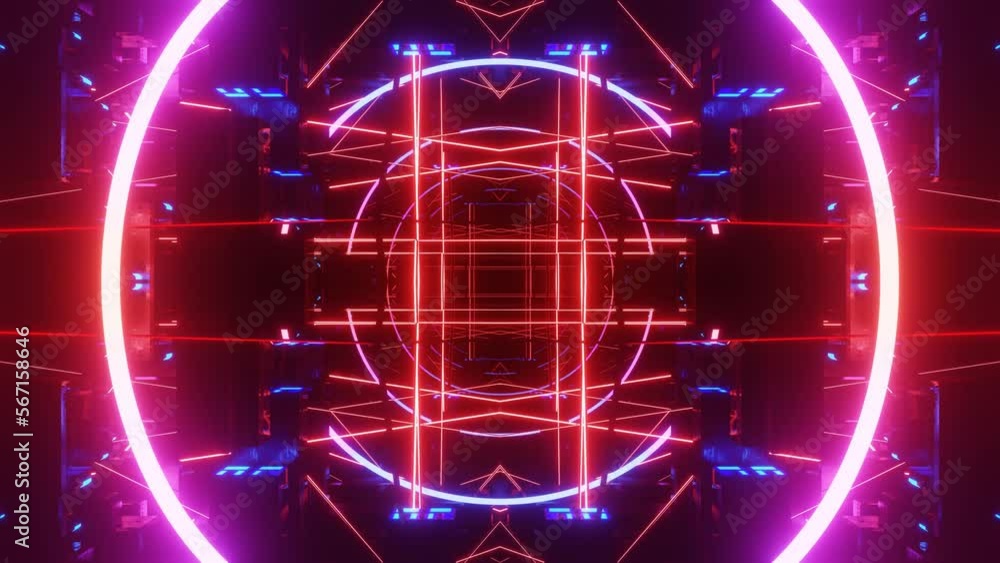 Poster glow sci fi symmetrical construction. vj loop trendy neon tunnel. hi tech neon tunel. sci-fi flight 