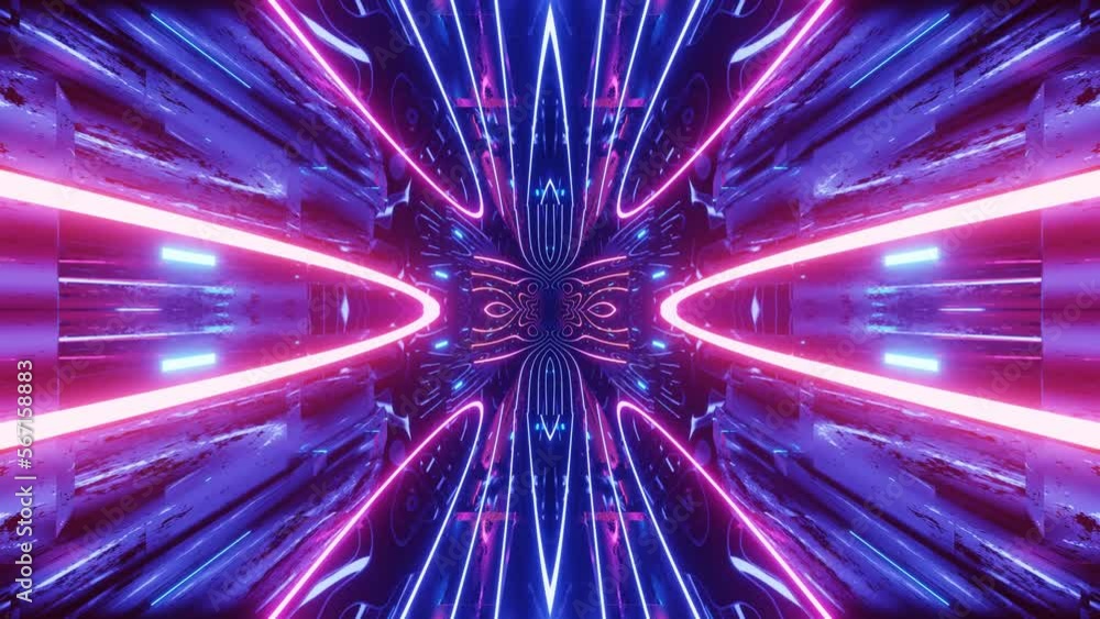 Poster glow sci fi symmetrical construction. vj loop trendy neon tunnel. hi tech neon tunel. sci-fi flight 
