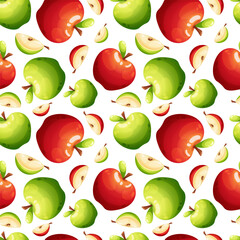 Seamless pattern with juicy green and red apple and slice on light white background, summer pattern with fruit