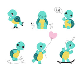 Cute Turtle with Shell and Short Feet Engaged in Different Activity Vector Set