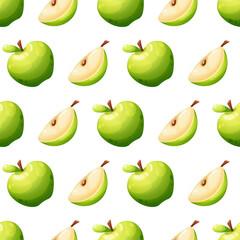 Seamless pattern with juicy green apple and slice on light white background, summer pattern with fruit