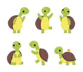 Cute Turtle with Shell and Short Feet Engaged in Different Activity Vector Set