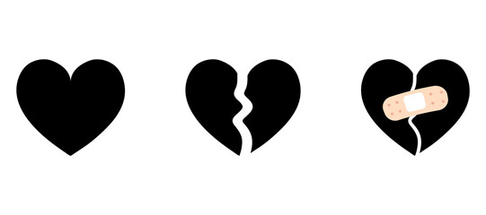 Set of black heart, valentine's day, love heart, broken heart. Vector