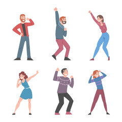 Fototapeta na wymiar Excited Man and Woman Celebrating Victory Expressing Success and Positive Emotions Vector Set