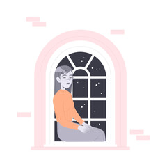 Loneliness with Lonely Woman Character Sitting on Window Sill Feeling Depression and Sadness Vector Illustration