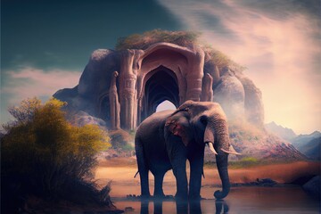 Fototapeta na wymiar Fantasy landscape with a giant elephant. Fantasy Background. Generative AI