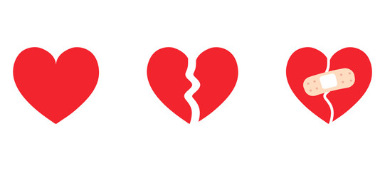 Set of red heart, valentine's day, love heart, broken heart. Vector