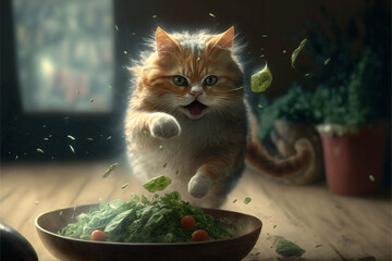 red cat in the kitchen throwing salad. Generative AI