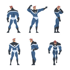 Man Superhero Character Dressed Black and Blue Costume and Mask in Action Vector Set