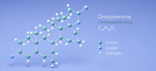 drospirenone molecule, molecular structures, Contraceptive drug, 3d model, Structural Chemical Formula and Atoms with Color Coding