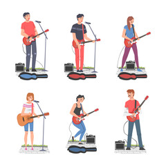 Young Man and Woman Musician Guitarist Character Playing Guitar and Singing Performing Street Concert Vector Set