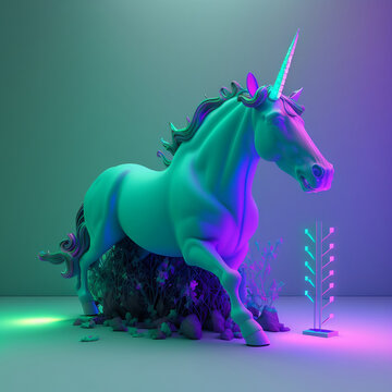 a Nion 3D Art  photo of a unicorn with retro vibes, green, purple 